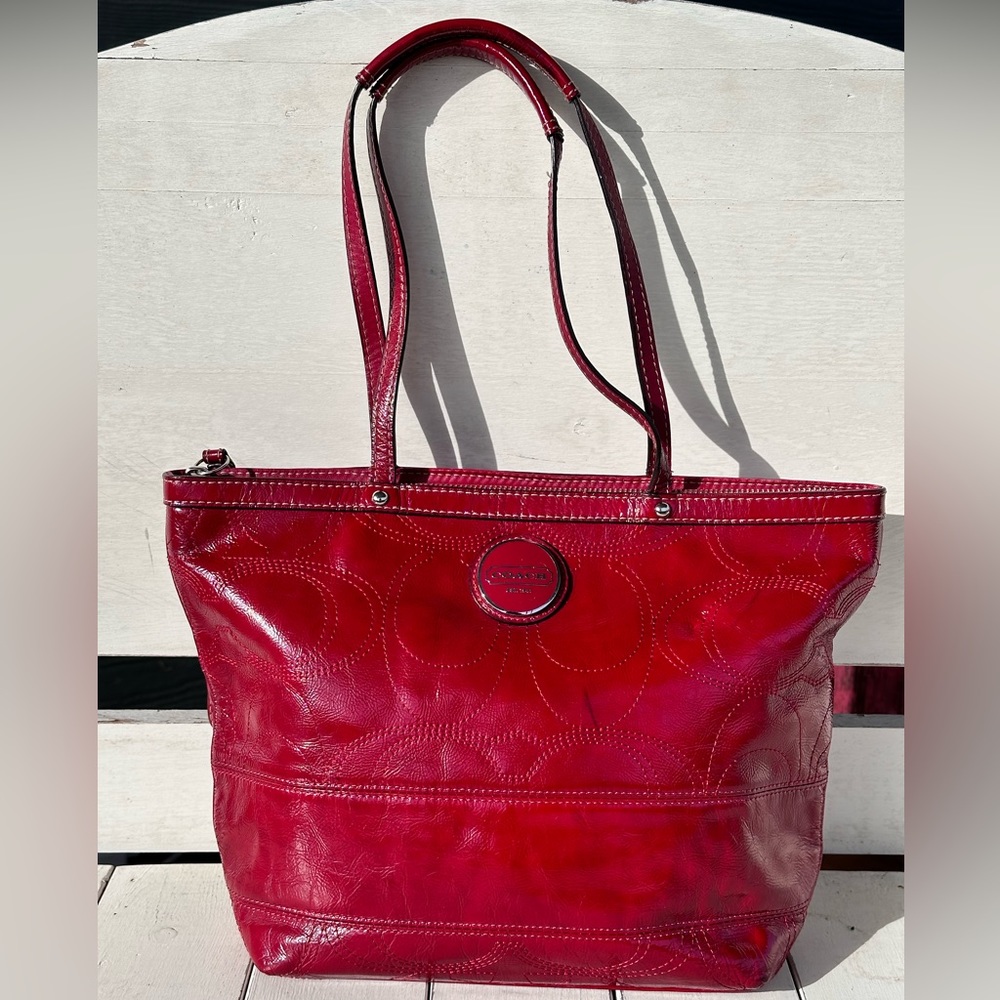 COACH STITCH SIGNATURE STRIPE LEATHER TOTE F15142